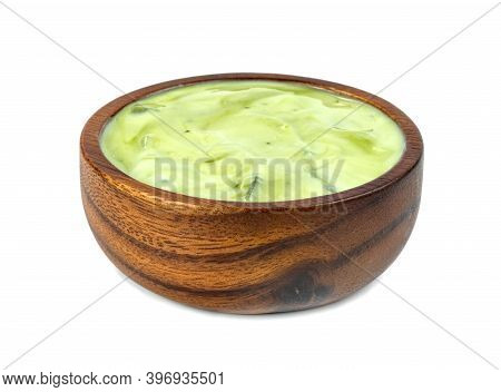 Yoghurt Mix Green Tea Flavor Powder With Nata De Coco Dutchie In Wooden Bowl Isolated On White Backg