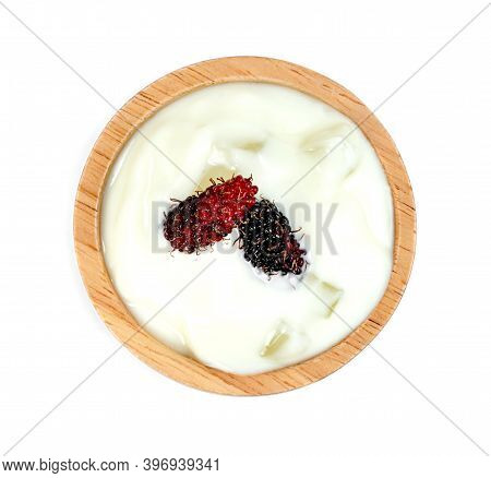 Yoghurt With Nata De Coco Dutchie And Mulberries Fruit In Wooden Bowl Isolated On White Background