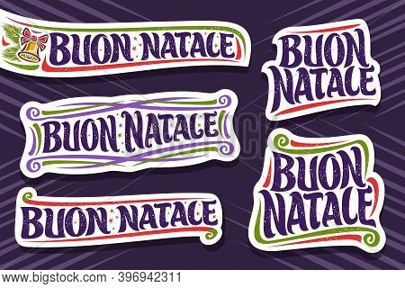 Vector Set For Merry Christmas In Italian Language, 5 Cut Paper Logos With Italian Text - Buon Natal