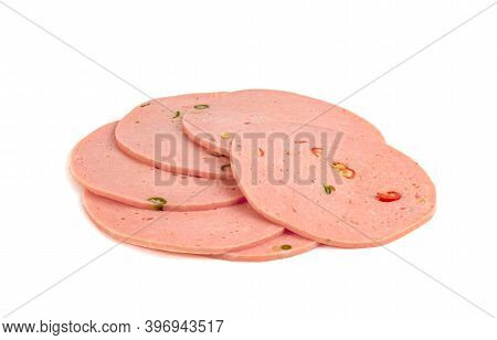 Closeup Bologna Sliced Isolated On White Background