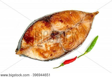 King Mackerel Or Spotted Mackerels Steak Isolated On White Background ,fried Scomberomorus Fish