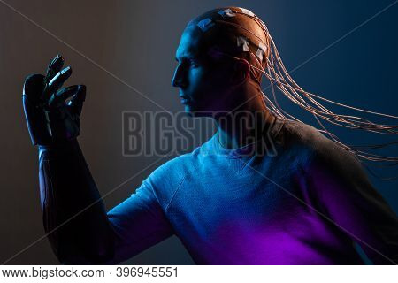 Bald Man With Electrodes In His Brain, A Man Of The Future With Technological Additions, The Brain I