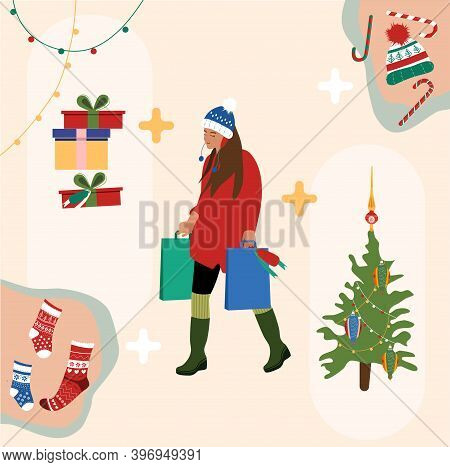 Ingredients Of New Year`s Mood.girl In Warm Winter Clothes Making Shopping.christmas Tree From Stree