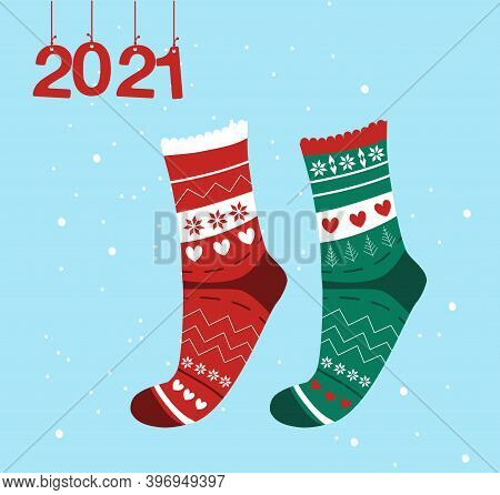 Winter Collection Of Knitted Socks, Warm Woolen Scandinavian Elven Knee-highs. Happy New Year 2021 A