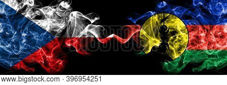 Czech Republic, Czech Vs France, French, Flnks Smoky Mystic Flags Placed Side By Side. Thick Colored