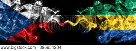 Czech Republic, Czech Vs Gabon, Gabonese, Gabonian Smoky Mystic Flags Placed Side By Side. Thick Col