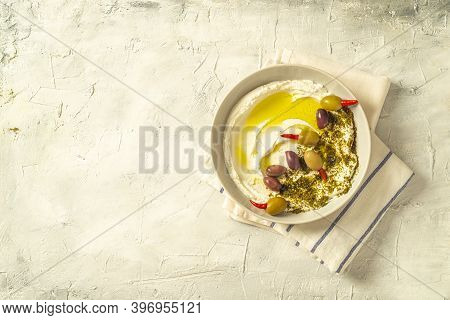 Popular Middle Eastern Appetizer Labneh Or Labaneh, Soft White Goat Milk Cheese With Olive Oil, Hyss