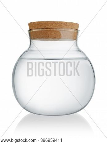 Round Glass Ball Bottle With Corc Isolated On White.