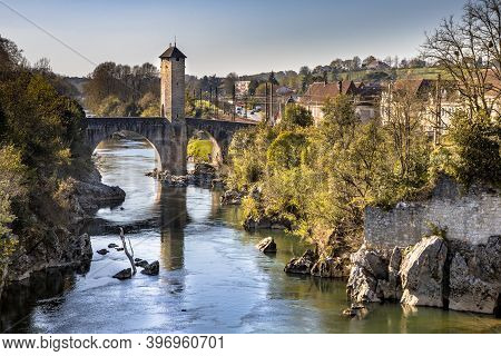 Pont Vieux Fortified Bridge In Historic Town Of Orthez In The Pyrenees, France
