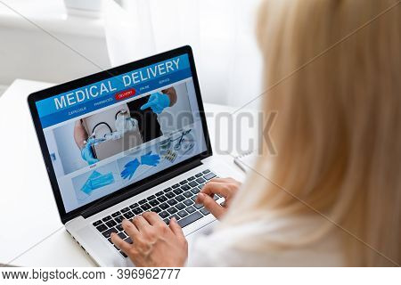 Woman Choosing Medication Online Pharmac. Purchase Of Drugs And Medicine Online.
