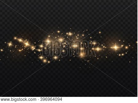 The Dust Sparks And Golden Stars Shine With Special Light. Vector Sparkles On A Transparent Backgrou