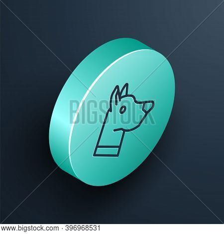 Isometric Line Dog Head Icon Isolated On Black Background. Turquoise Circle Button. Vector