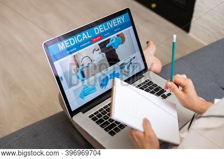 Woman Choosing Medication Online Pharmac. Purchase Of Drugs And Medicine Online.