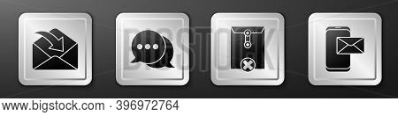 Set Envelope, Speech Bubble Chat, Delete Envelope And Mobile And Envelope Icon. Silver Square Button