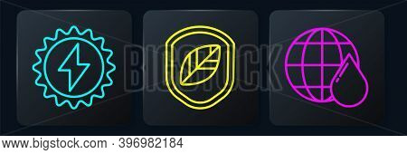 Set Line Solar Energy Panel, Earth Planet In Water Drop And Shield With Leaf. Black Square Button. V