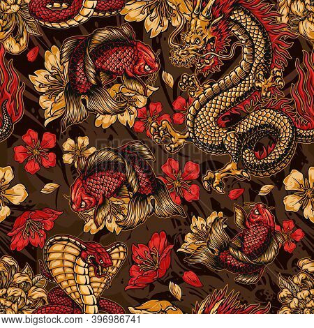Vintage Japanese Elements Seamless Pattern With Fantasy Dragon Snake Koi Carp Sakura And Chrysanthem
