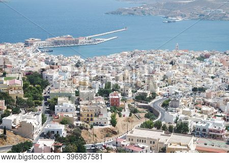 Ermoupoli Port, Syros Island, Greece. Capital Of The Cyclades Islands.  Beautiful, Dramatic High Lev