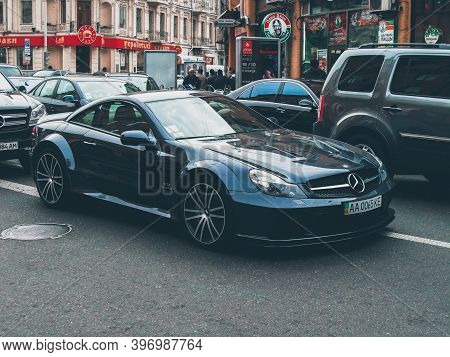 Kiev, Ukraine - October 16, 2010: Mercedes-benz Sl 65 Amg Black Series In The City. Car In Traffic