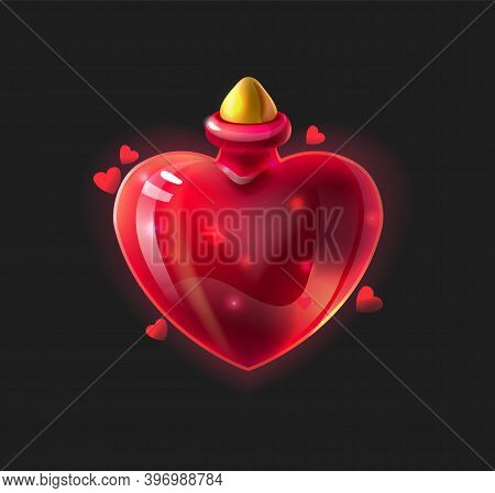 Love Potion. Cartoon Closed Glossy Bottle With Magical Beverage. Heart Shaped Red Glass Vial. Alchem