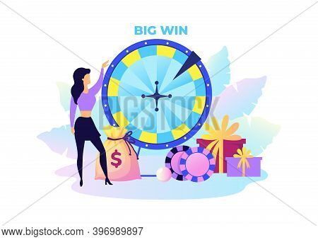 Fortune Wheel. Cartoon Woman With Presents And Money. Big Win In Lottery Concept. Rotating Circle Fo