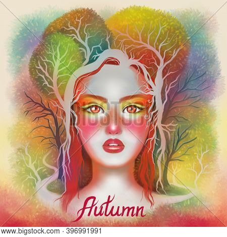Hand-drawn Fantasy Autumn Girl, Framed By Autumn Trees, Yellow Red Colors. Girl As The Image Of The 