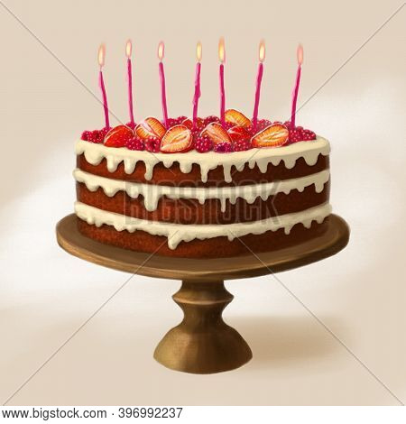 Hand Drawn Birthday Chocolate Cake On A Wooden Stand With Light Cream, Strawberries And Raspberries 