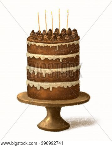 Painted Chocolate Birthday Cake With Light Cream, Chocolate Decorations On Top And Burning Candles, 