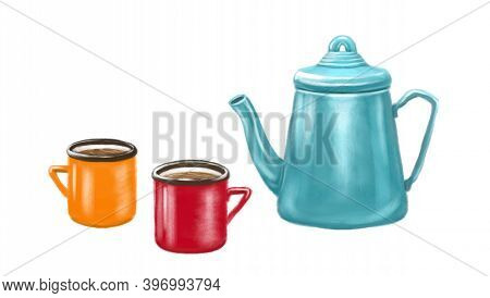 Drawing Of A Teapot With Cups. Metallic Blue Teapot With Red And Yellow Mugs. Textured Drawing, Draw