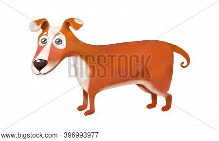 Drawing Of A Funny Cartoon Ginger Dog With Light Spots. Stylized Colored Dog