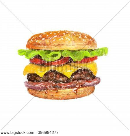 Grunge Textured Pattern Of Appetizing Hamburger With Cutlet, Salad, Onion, Ketchup, Cheese And Sesam
