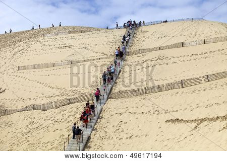 PYLA SUR MER, FRANCE - AUGUST 8: People visiting the Famous dune of Pyla, the highest sand dune in Europe, on August 8, 2012 in Pyla Sur Mer, France.