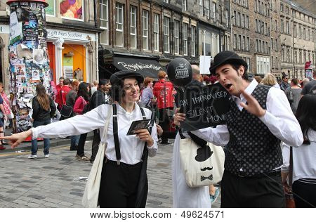 EDINBURGH- AUGUST 10: Members of  i Bugiardini publicize their show Shhhhh - An Improvised Silent Movie during Edinburgh Fringe Festival on August 10, 2013 in Edinburgh, Scotland