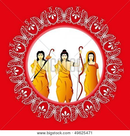Indian festival Happy Dussehra background with illustration of Lord Rama, Sita and Laxman. 