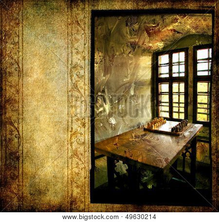 inside medieval castle - window and chess