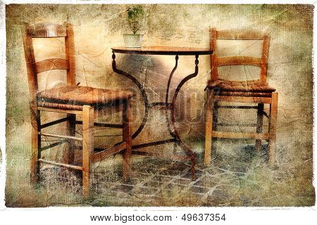 two old chairs - artwork in retro painting style