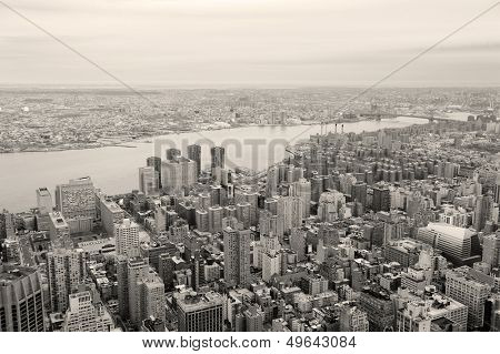 Brooklyn skyline Arial view from New York City Manhattan with Williamsburg Bridge over East River and skyscrapers black and white