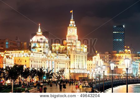 Shanghai Waitan night view with historic buildings over Huangpu River