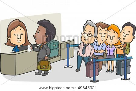 Illustration of a Queue of Passengers Lined Up in Front of the Check-in Counter