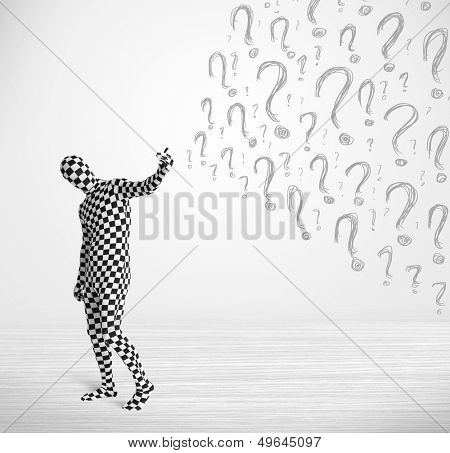 3d human character is body suit morphsuit looking at hand drawn question marks