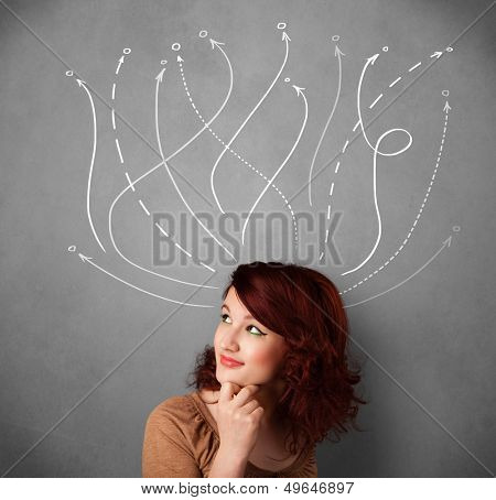 Pretty young woman thinking with arrows in different directions above her head