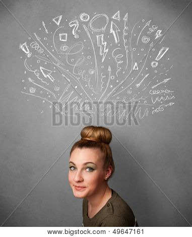 Pretty young woman with many sketched arrows pointed in different directions above her head