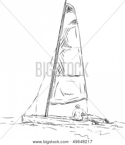 vector - catamaran with sailor, isolated on background