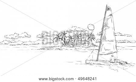 vector - tropical island at sunset with catamaran