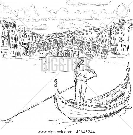 vector - Rialto bridge with gondola,  Venice, Italy