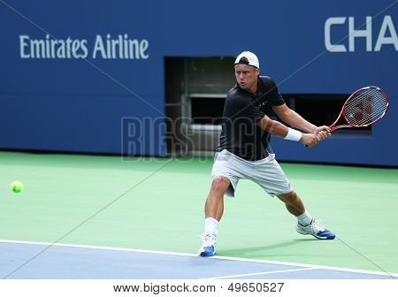 Two times Grand Slam champion Lleyton Hewitt practices for US Open 2013 at Arthur  Ashe Stadium