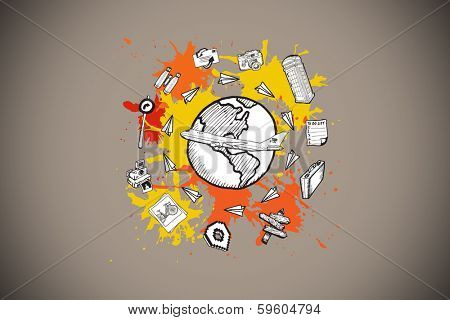 Toursim concept on paint splashes against grey background with vignette