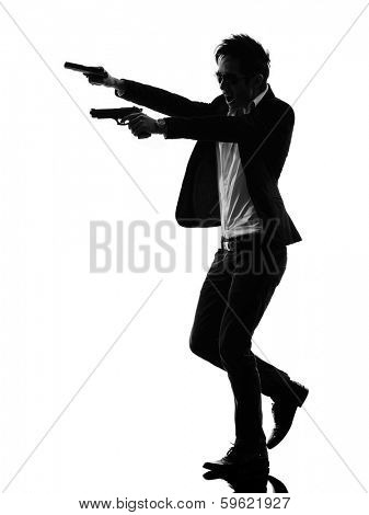 one asian gunman killer  in silhouette isolated white background