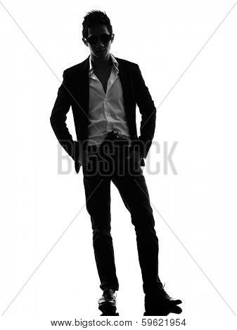 one asian gunman killer  standing in silhouette isolated white background