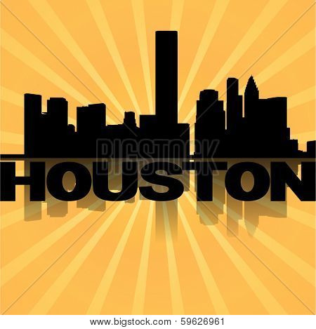 Houston skyline reflected with sunburst illustration 