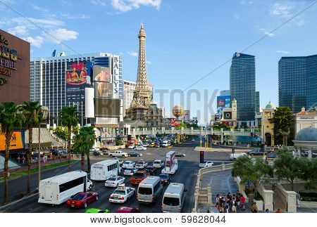 LAS VEGAS - AUGUST 13  A view of Las Vegas strip on August 13, 2012 in Las Vegas  The strip is approximately 4 2 mi  6 8 km  long. Rush hour in Las Vegas. 